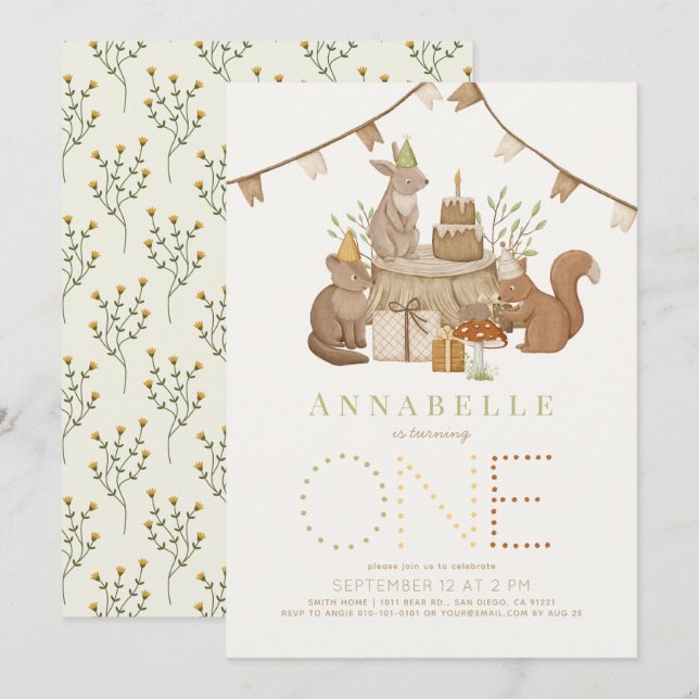 Skogsdjur, skog Party 1:a födelsedag Inbjudningar (Fram/baksida)