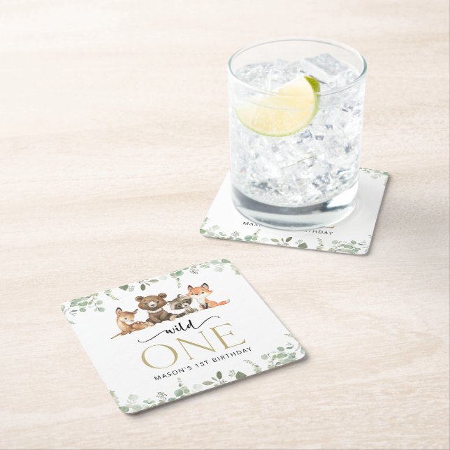 Skogsdjur, skog, Vild 1, första födelsedagen Underlägg Papper Kvadrat (Insitu)