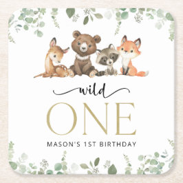 Skogsdjur, skog, Vild 1, första födelsedagen Underlägg Papper Kvadrat