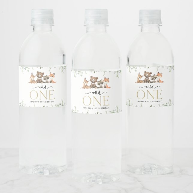 Skogsdjur, skog, Vild 1, första födelsedagen Vattenflaskor Etikett (Flaskor)