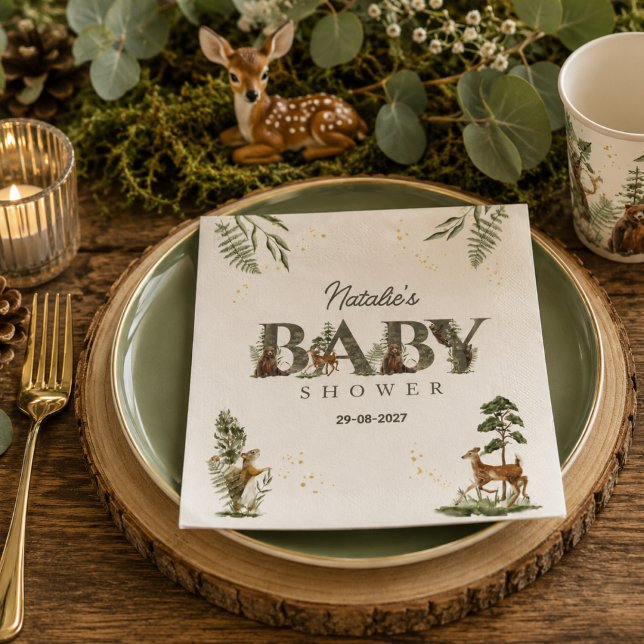 Skogsdjur Skogsbarnkalas Pappersservett (baby shower napkins watercolor cute animals woodland gender neutral forest whimsical greenery)