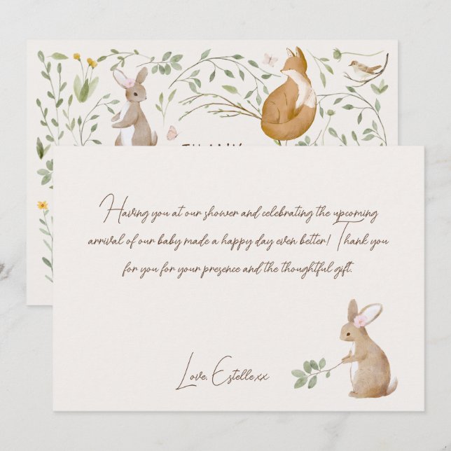 Skogsdjur Skogsvänliga babyskor Tack Kort (Fram/baksida)