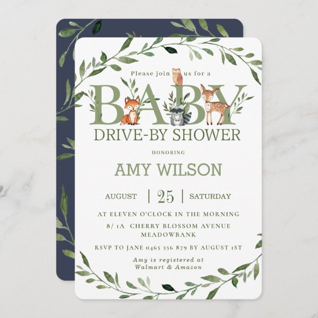 Skogsdjur som kör storskalig med babyskor inbjudningar (Fram/baksida)