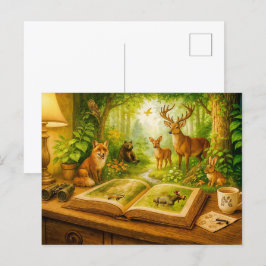 Skogsdjur som stiger upp från en öppen bok helg vykort