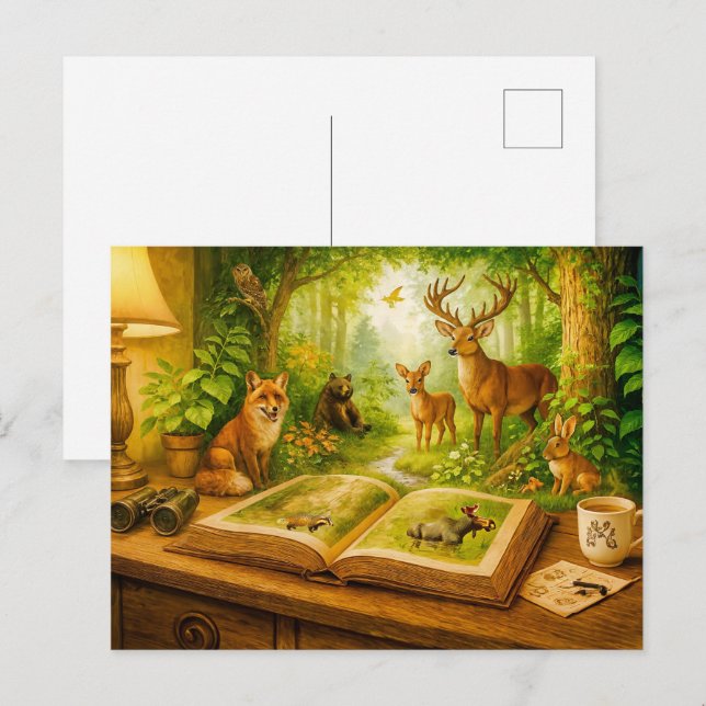 Skogsdjur som stiger upp från en öppen bok helg vykort (Fram/baksida)