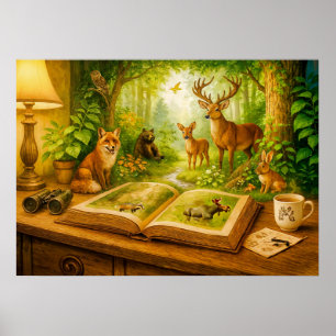 Skogsdjur som stiger upp från en öppen bok poster