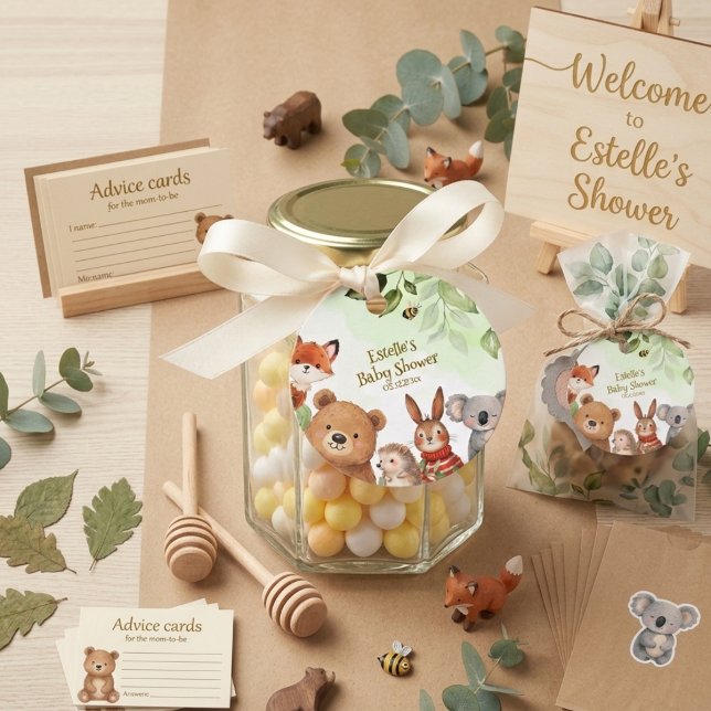 Skogsdjur Sötakvarell Baby Shower Gåvor Etiketter (Skapare uppladdad)