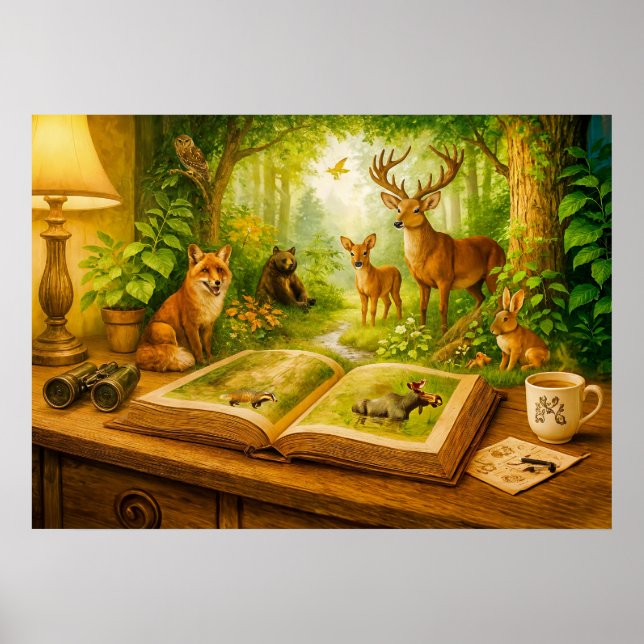 Skogsdjur stigning från öppna bok poster (Framsidan)