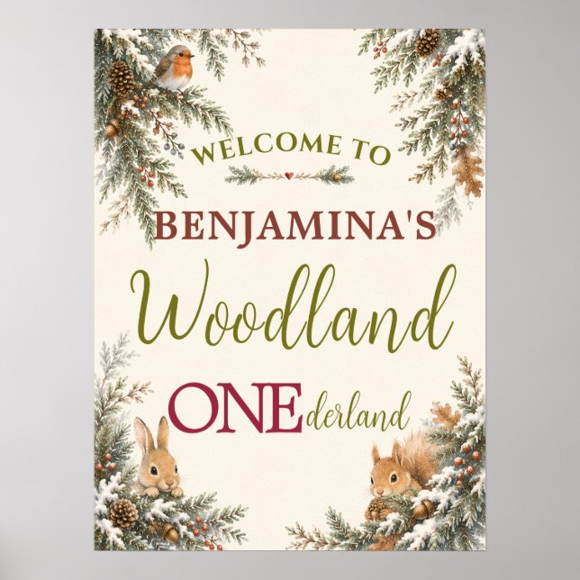 Skogsdjur tittar fram på ett ONEderland Första föd Poster (Framsidan)