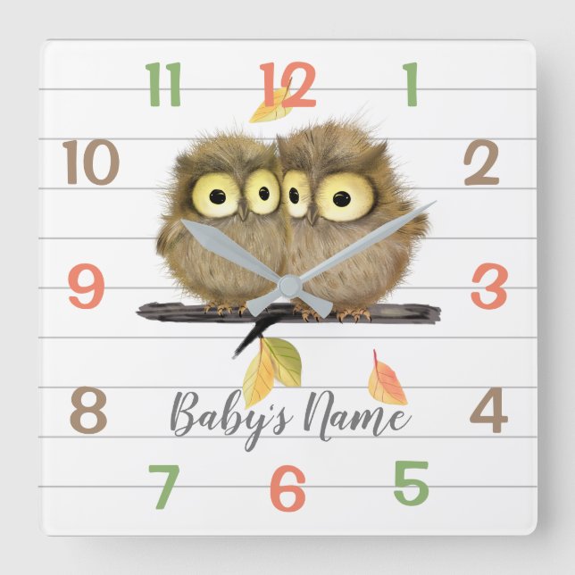 Skogsdjur Uggla Nursery Decor Wall Clock Fyrkantig Klocka (Framsida)