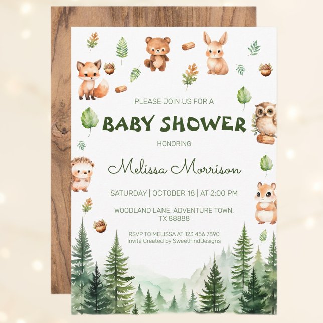 Skogsdjur, ungstövel för skog inbjudningar (Woodland Rustic Forest Animals Baby Shower Invitation)