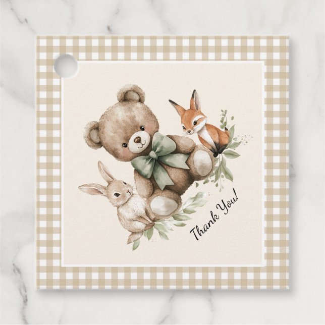 Skogsdjur Vattenfärgade babyskor Napkins Gåvor Etiketter (Framsida)