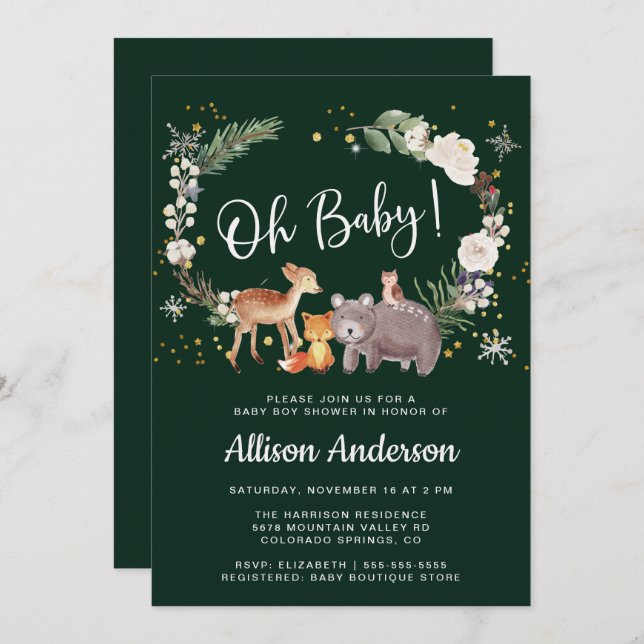 Skogsdjur Vattenfärgsblåssluss för vintern Inbjudningar (Fram/baksida)