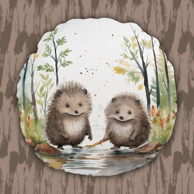 Skogsdjur Vetland Porcupines Kids Baby Rund Kudde (Woodland Animal Wetland Porcupines Kids Baby Round Pillow)