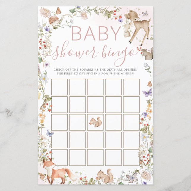 Skogsdjur Vildblomma Baby Shower Bingo Spel (Framsida)