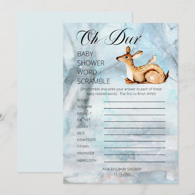 Skogsdjur Vinter Baby Shower Ord Scramble Inbjudningar (Fram/baksida)