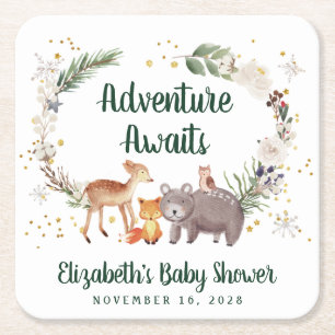 Skogsdjur Vinter Baby Shower Underlägg Papper Kvadrat