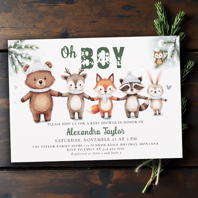 SkogsDjur Vinter Grön Oh Pojke Babyfirande Inbjudningar (winter baby shower invitation oh boy woodland animals cute characters watercolor snow greenery)