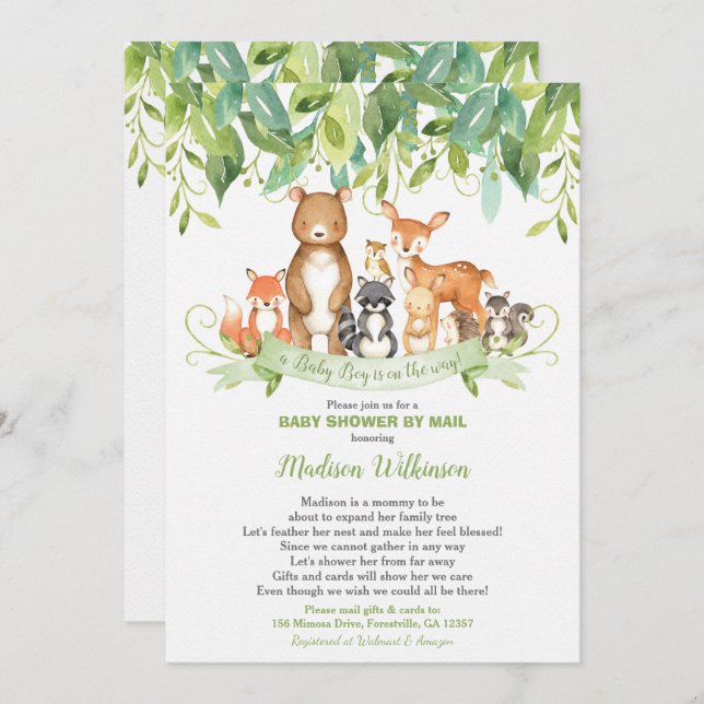 Skogsdjur Virtuella Baby Shower Mail Greenery Inbjudningar (Fram/baksida)