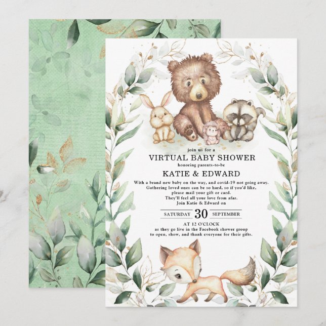 Skogsdjur Virtuella babyskor Greenery Guld Inbjudningar (Fram/baksida)