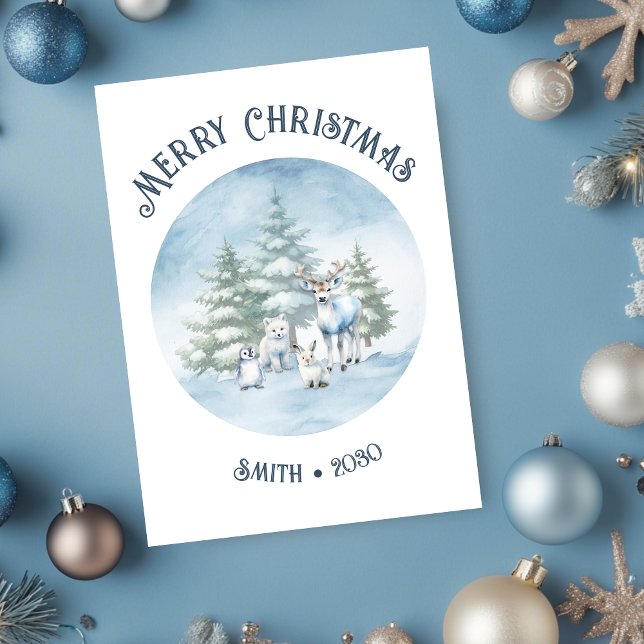 Skogsdjur Vit Jul Platt Julkort (Woodland creature holiday card with white background)