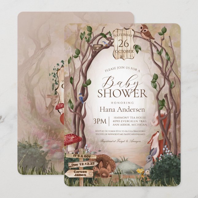Skogsdjur Whimsical Forest Baby Shower Inbjudningar (Fram/baksida)
