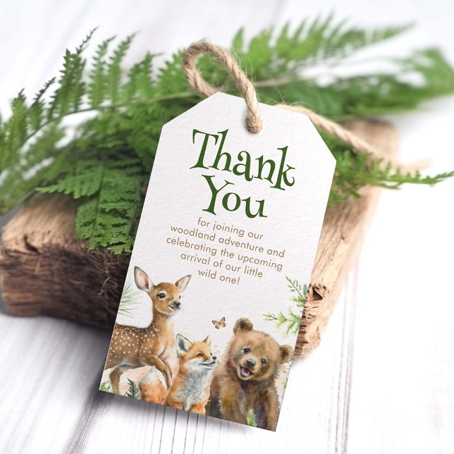 Skogsdjur Wild One Baby Shower Tack Presentetikett (Woodland Animals Thank You Tags)