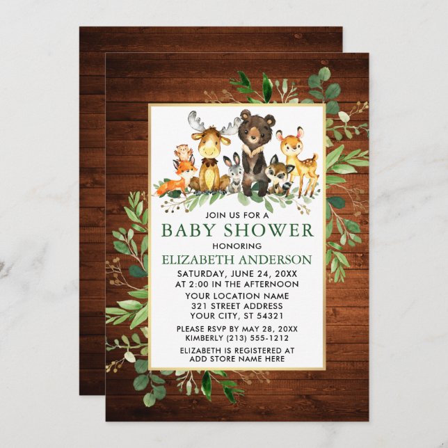 Skogsdjur Wood Greenery Baby Shower Inbjudningar (Fram/baksida)