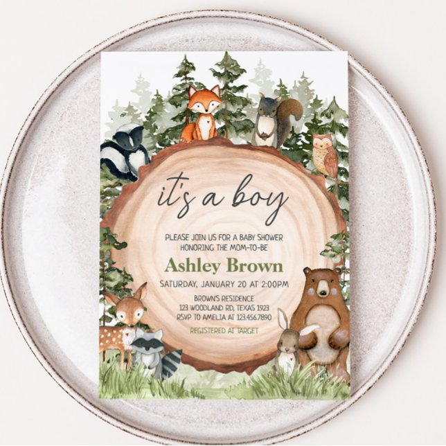 Skogsdjur Wood Slice Baby Shower Inbjudningar (Boy Woodland Animals Baby Shower Invitation)