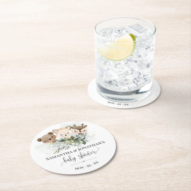 Skogsdjur Woodland Greenery Baby Shower Underlägg Papper Rund (Insitu)