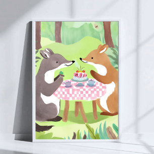 Skogsdjurs Picknick Whimsisk Söt Vattenfärg Poster