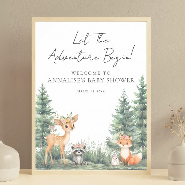Skogsdjursäventyr Baby Shower Poster (Woodland Forest Animals Adventure Baby Shower Poster)