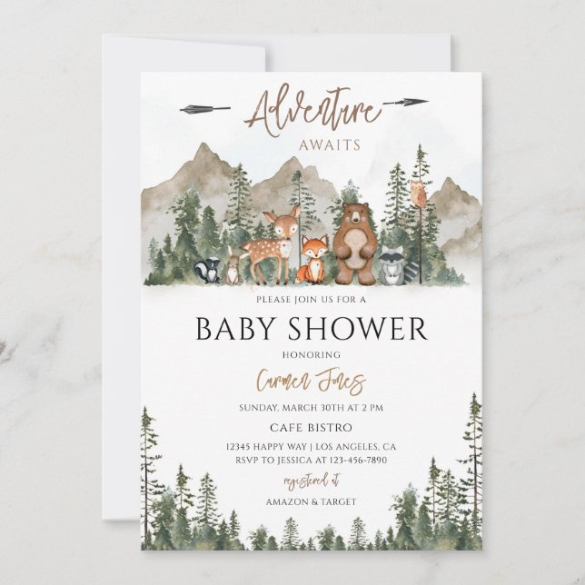 Skogsdyr Äventyr Baby Shower Inbjudningar (Framsida)