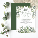 Skogseedad eukalyptus 40:e födelsedagen Party Inbjudningar<br><div class="desc">Fin könsneutral skog och sage-grönt med eucalyptus "40:e födelsedagen Party"-utformning. Ren och bedrägligt enkel ton på tondesign på en skarp vit bakgrund. Baksidan har en enkel grönt som är solid färg.</div>