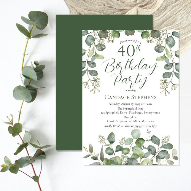 Skogseedad eukalyptus 40:e födelsedagen Party Inbjudningar (Understated elegance Forest | Sage Green Seeded Eucalyptus "40th Birthday Party" Boho Chic design.)