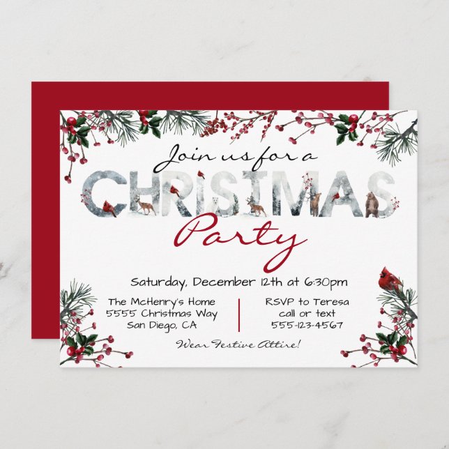 Skogsfärgsfärg Juljulen Party Inbjudningar (Fram/baksida)