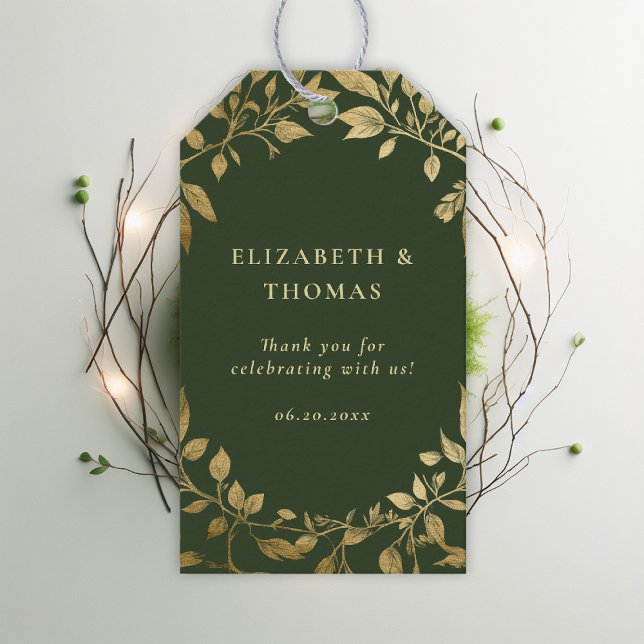 Skogsfloras botaniska eleganta guldmosshögtid presentetikett (Forest Foliage Botanical Wedding Gift Tag Enchanted Magical Fairy Tale Moody Gold)