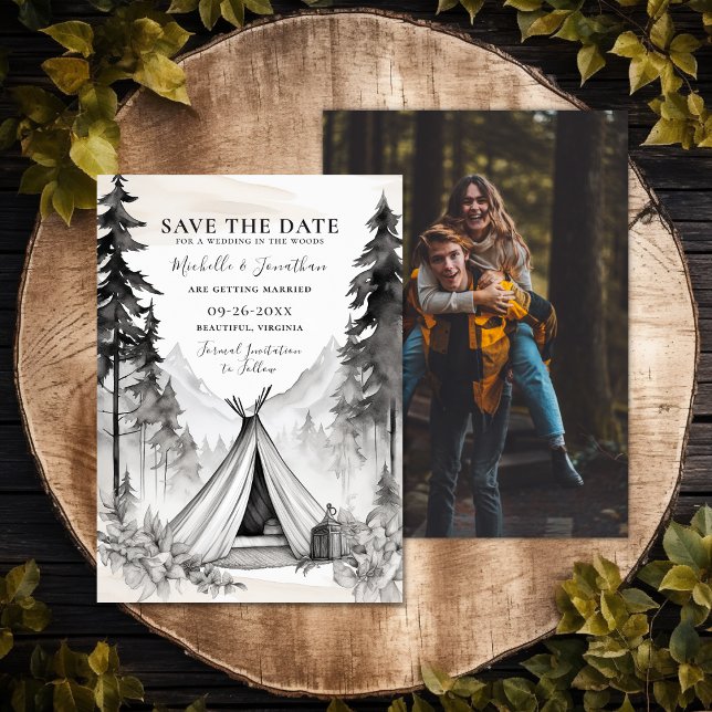 Skogsfoto Bröllop i Glamping Camping Mountain Fore Spara Datumet (Glamping Camping Mountain Forest Photo Wedding Save The Date)
