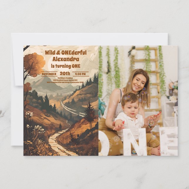 Skogsfoto i Rustic Mountain Foto 1:a födelsedagen Inbjudningar (Framsida)