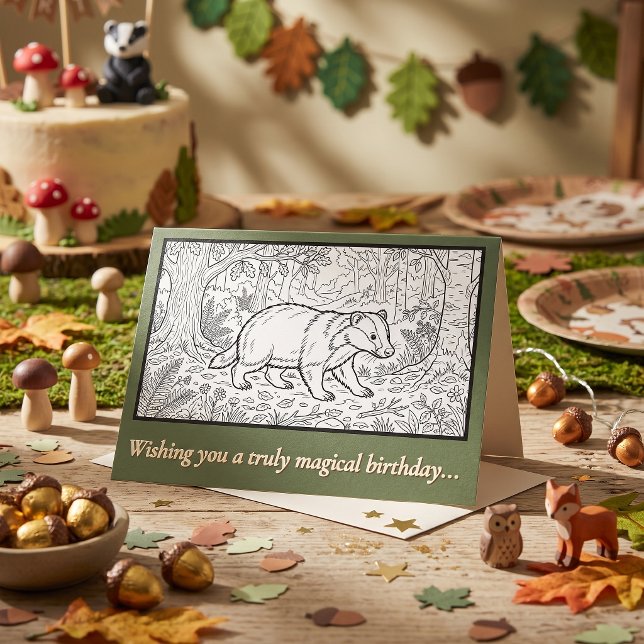 Skogsgrävling Färgning Barn Födelsedag Kort (woodland badger kids happy birthday coloring in card for children parties. Forest cottagecore crafts)