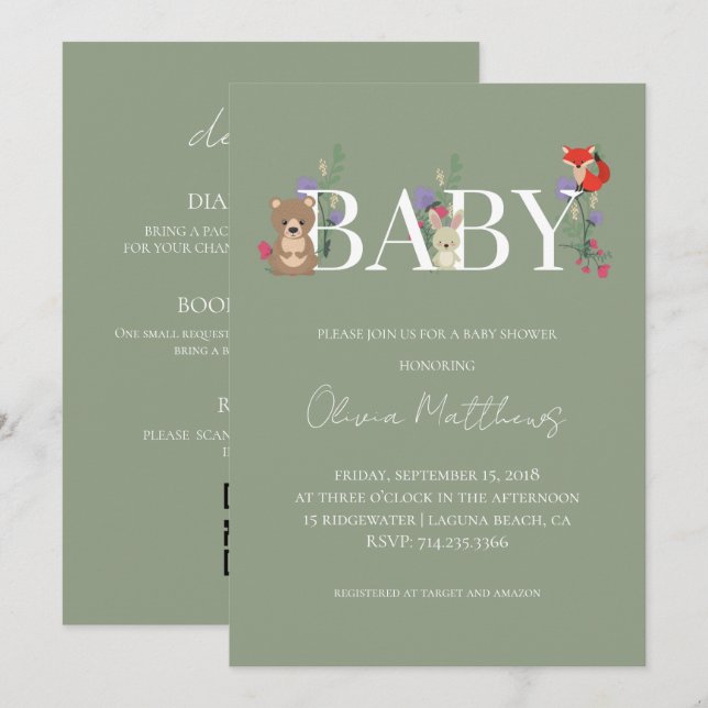 Skogsgrön babyshower QR-kod Inbjudningar (Fram/baksida)