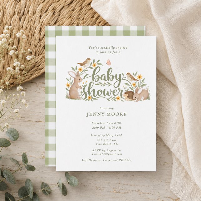 Skogsgrön Gingham Baby Shower Inbjudan (Woodland Green Gingham Baby Shower Invitation)