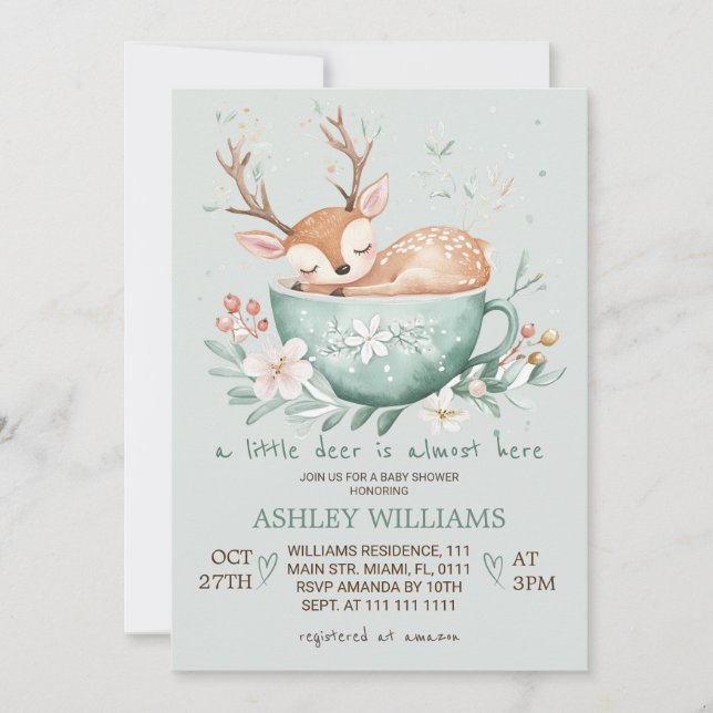 Skogshjort Blommig Tekopp Baby Shower Inbjudningar (Framsida)
