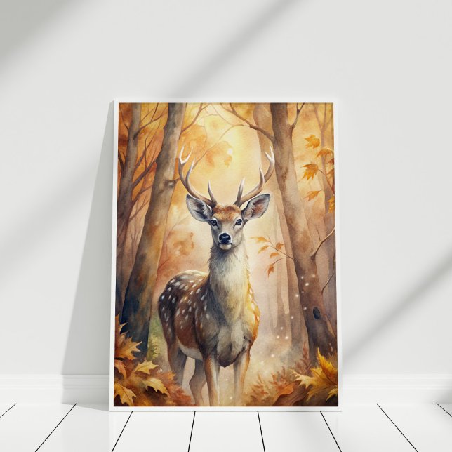 Skogshjort Höst – Naturinspirerad Väggkonst (Woodland Deer Autumn – Nature-Inspired Wall Art in a white wooden frame)