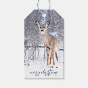 Skogshjortar i vintersnö julpresentkort presentetikett
