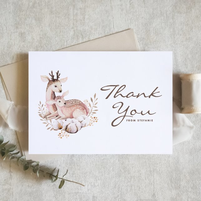 Skogshuggare för vattendfärg och Baby Hjort, Mamma Tack Kort (Woodland theme baby shower thank you card features a watercolor mommy and baby deer and foliage.)