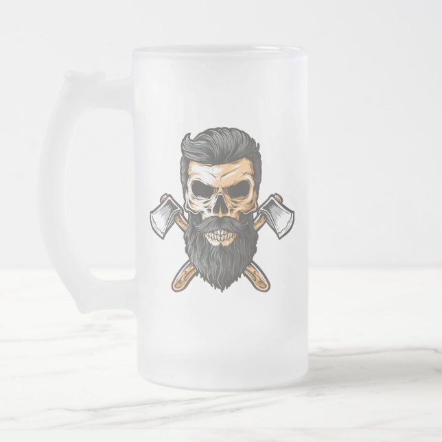 Skogshuggarskalle med korsade yxor frostat ölglas (Vänster)