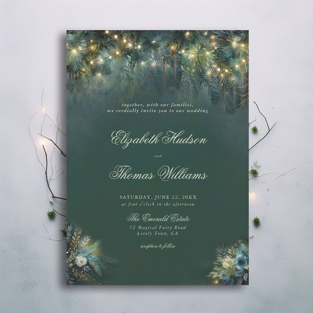 Skogshuggning Greenery Woodland Romantik Bröllop Inbjudningar (enchanted forest woodland wedding invitation emerald hunter green gold magical bespoke calligraphy)