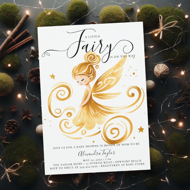 Skogshusare i Guld Swirl Flicka Inbjudningar (a little fairy girl baby shower invitation enchanted forest garden gold swirls modern minimalist)