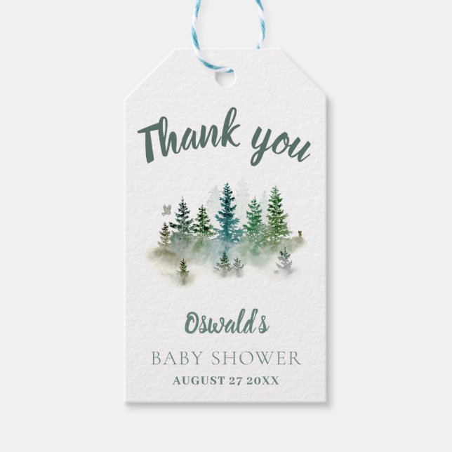 Skogsinspirerad baby shower i akvarell presentetikett (Framsidan)